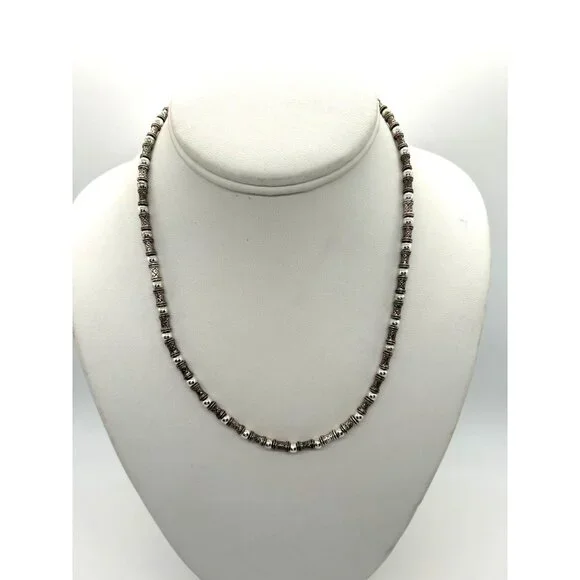 Vintage Napier Silver-Tone Beaded Necklace Textured Cylindrical Metal Beads 18" - Picture 1 of 10